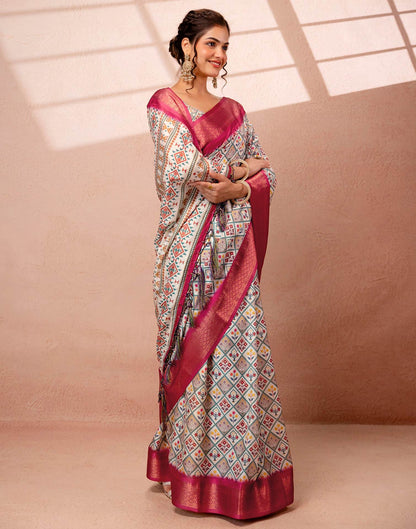 Off White Silk Printed Woven Border Saree