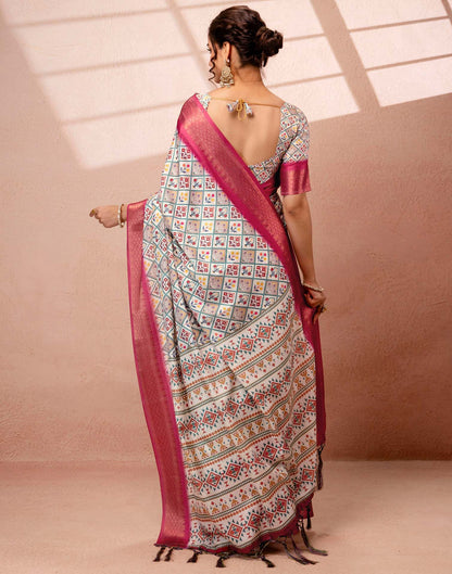 Off White Silk Printed Woven Border Saree