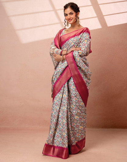 Off White Silk Printed Woven Border Saree