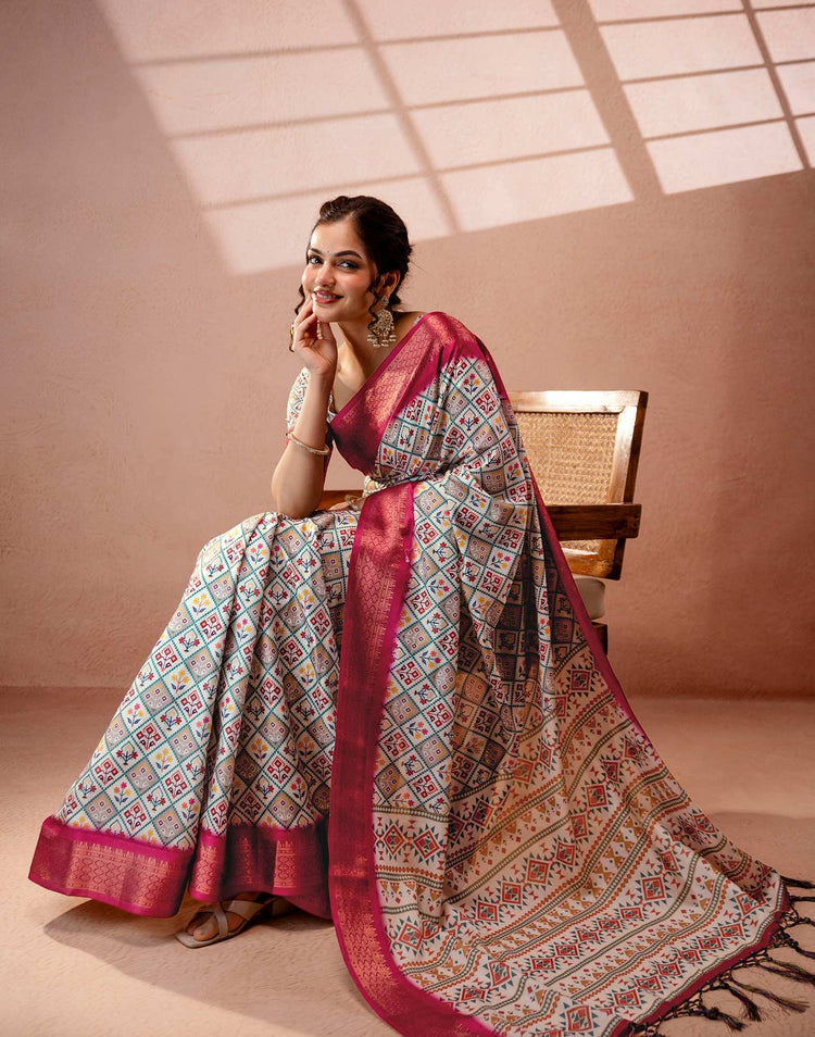 Off White Silk Printed Woven Border Saree