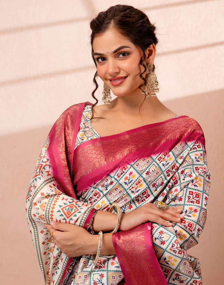 Off White Silk Printed Woven Border Saree