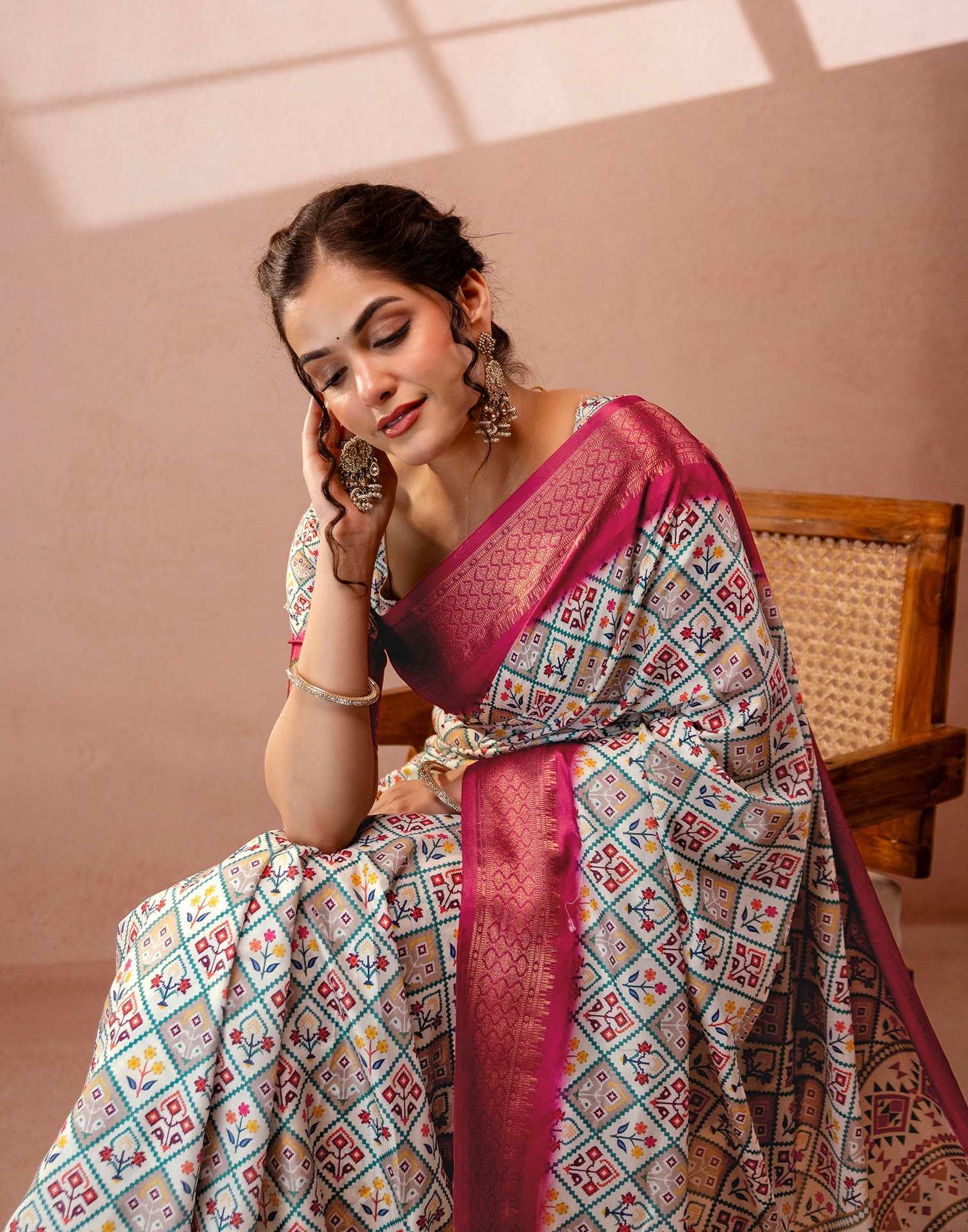 Off White Silk Printed Woven Border Saree