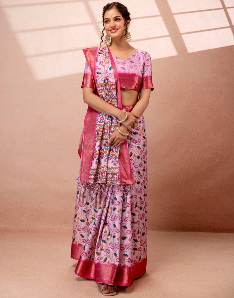 Light Mauve Silk Kalamkari Printed Woven Border Saree