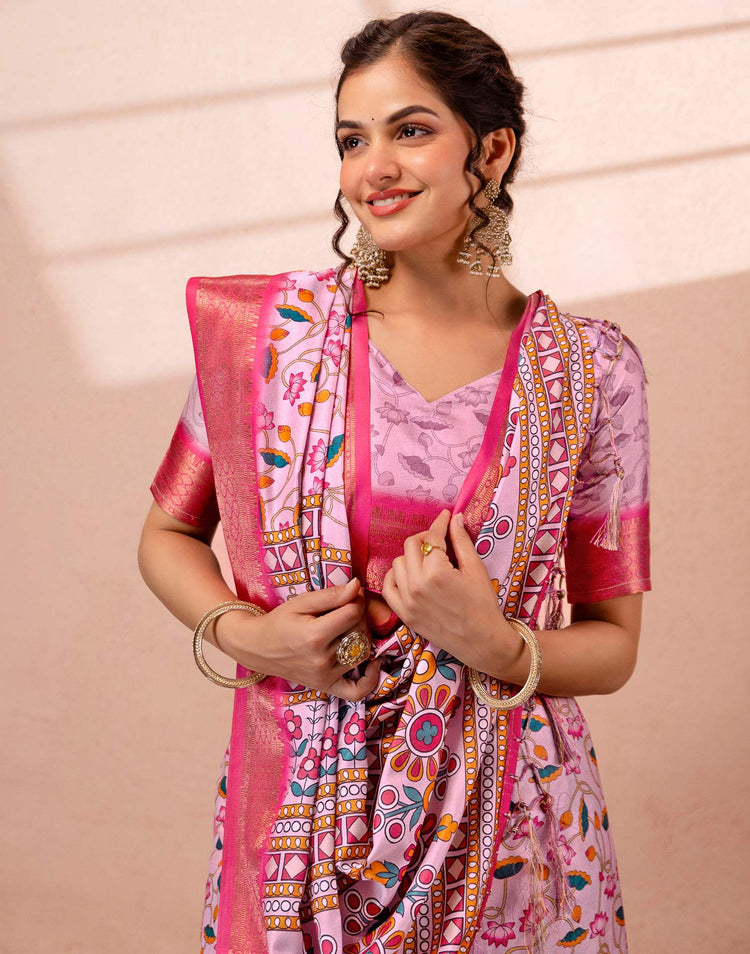 Light Mauve Silk Kalamkari Printed Woven Border Saree