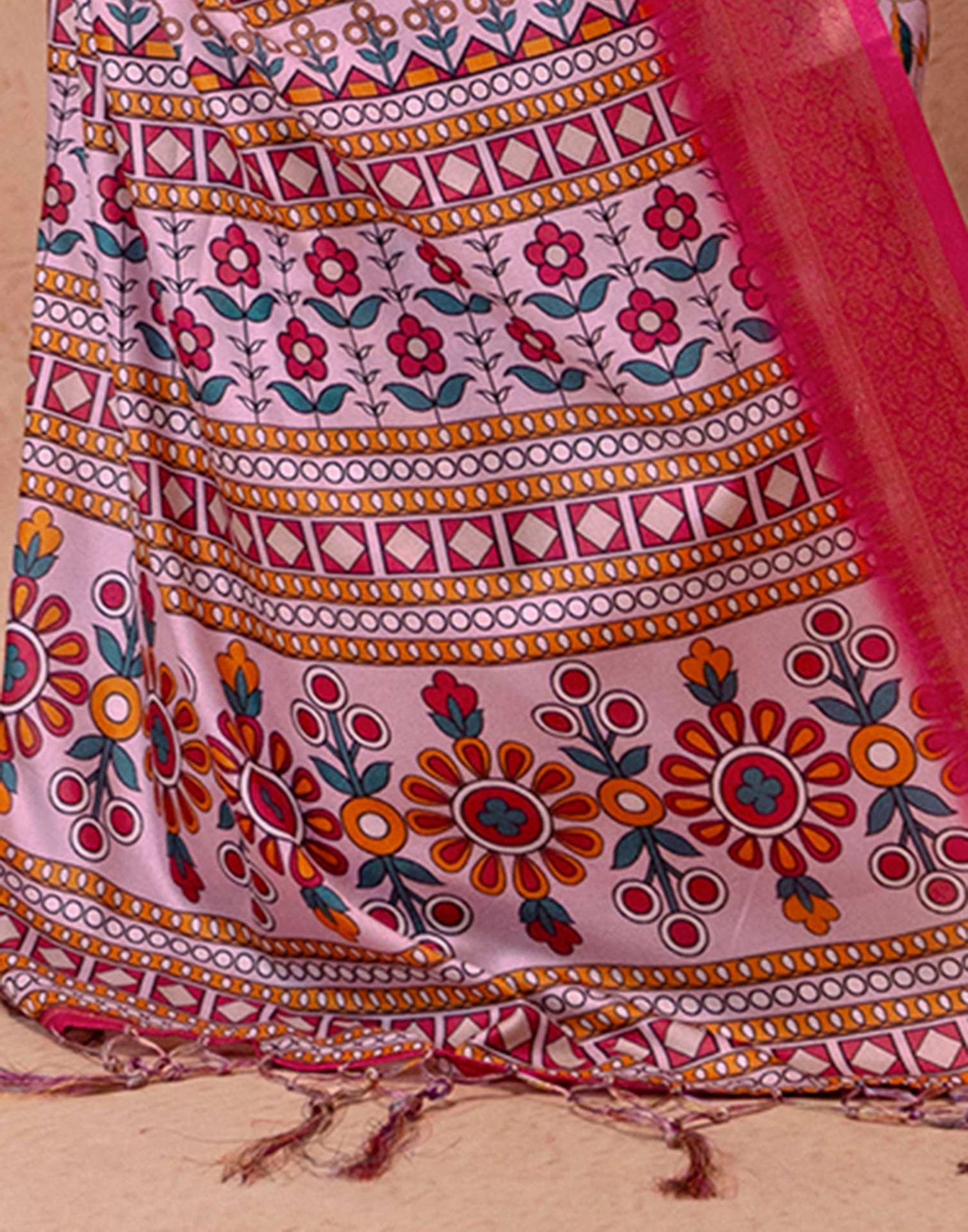 Light Mauve Silk Kalamkari Printed Woven Border Saree