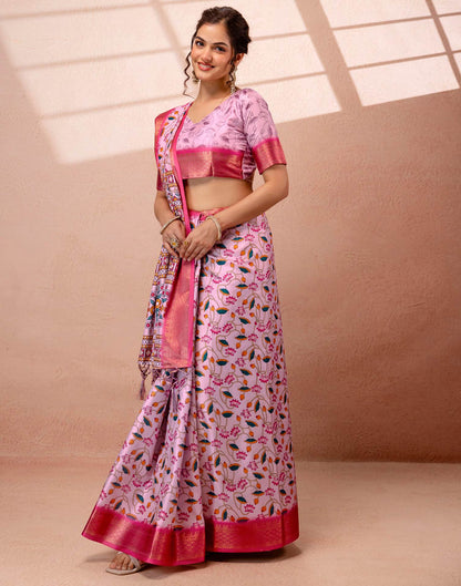 Light Mauve Silk Kalamkari Printed Woven Border Saree
