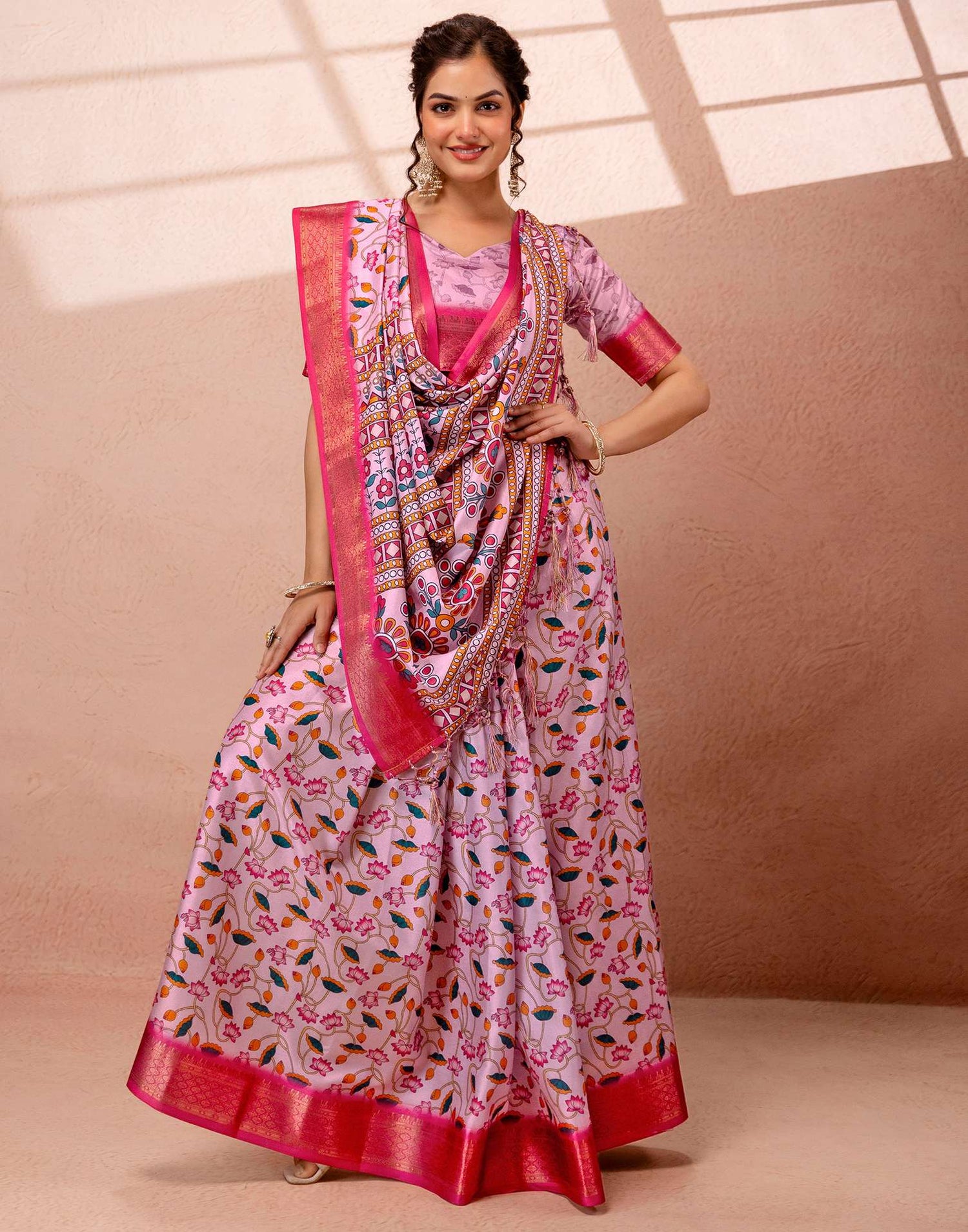 Light Mauve Silk Kalamkari Printed Woven Border Saree