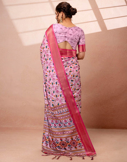 Light Mauve Silk Kalamkari Printed Woven Border Saree