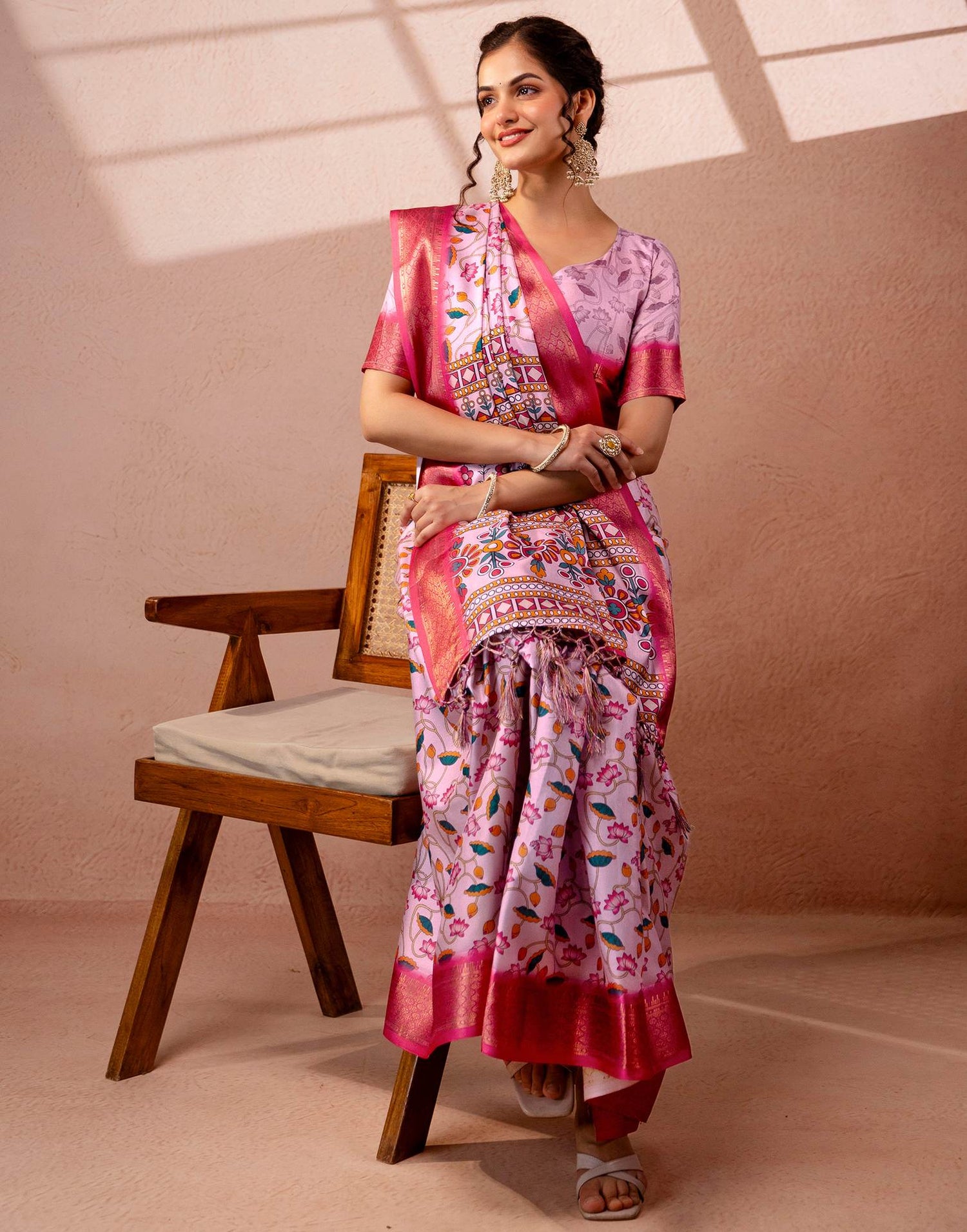Light Mauve Silk Kalamkari Printed Woven Border Saree