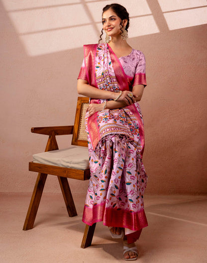 Light Mauve Silk Kalamkari Printed Woven Border Saree