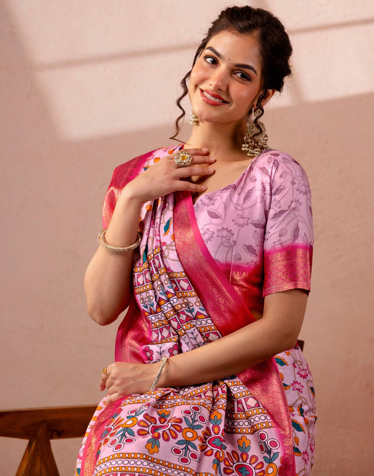 Light Mauve Silk Kalamkari Printed Woven Border Saree