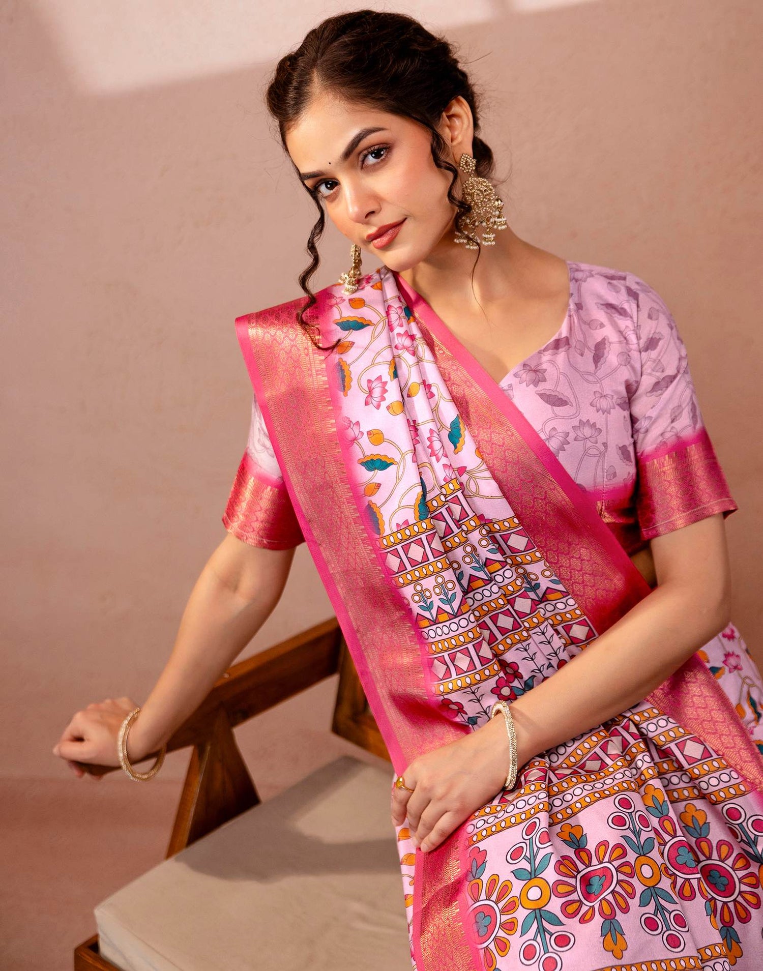 Light Mauve Silk Kalamkari Printed Woven Border Saree