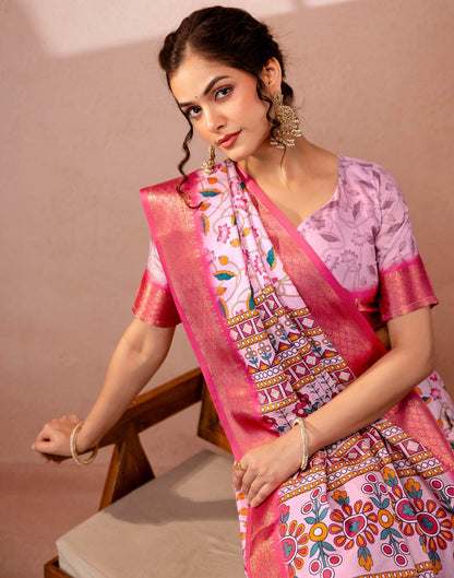 Light Mauve Silk Kalamkari Printed Woven Border Saree