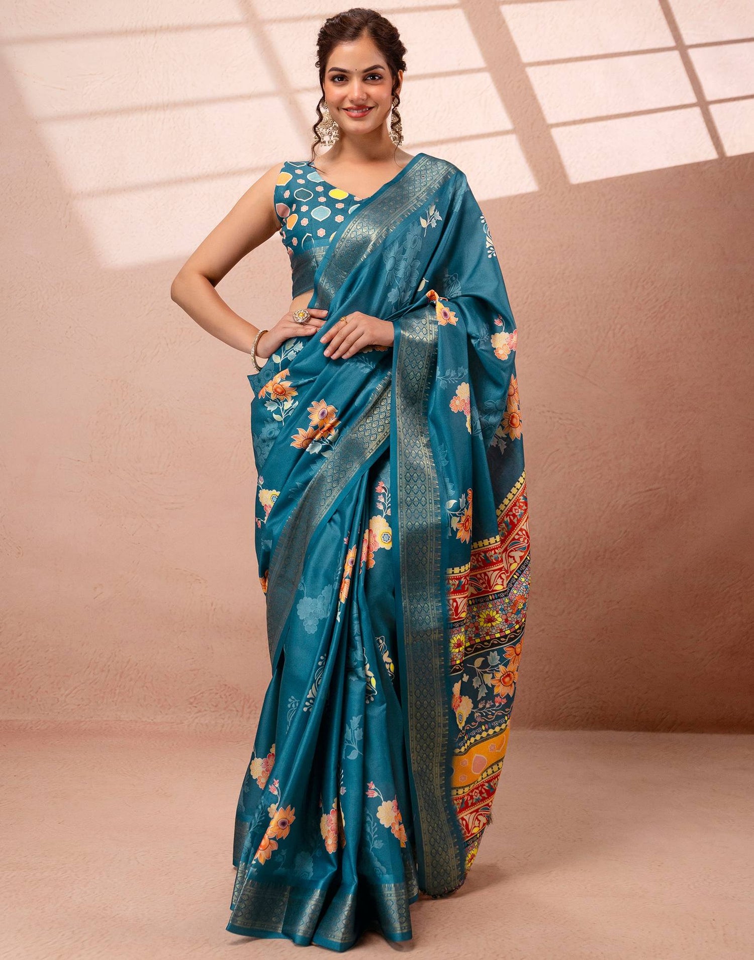 Teal Blue Silk Floral Printed Woven Border Saree
