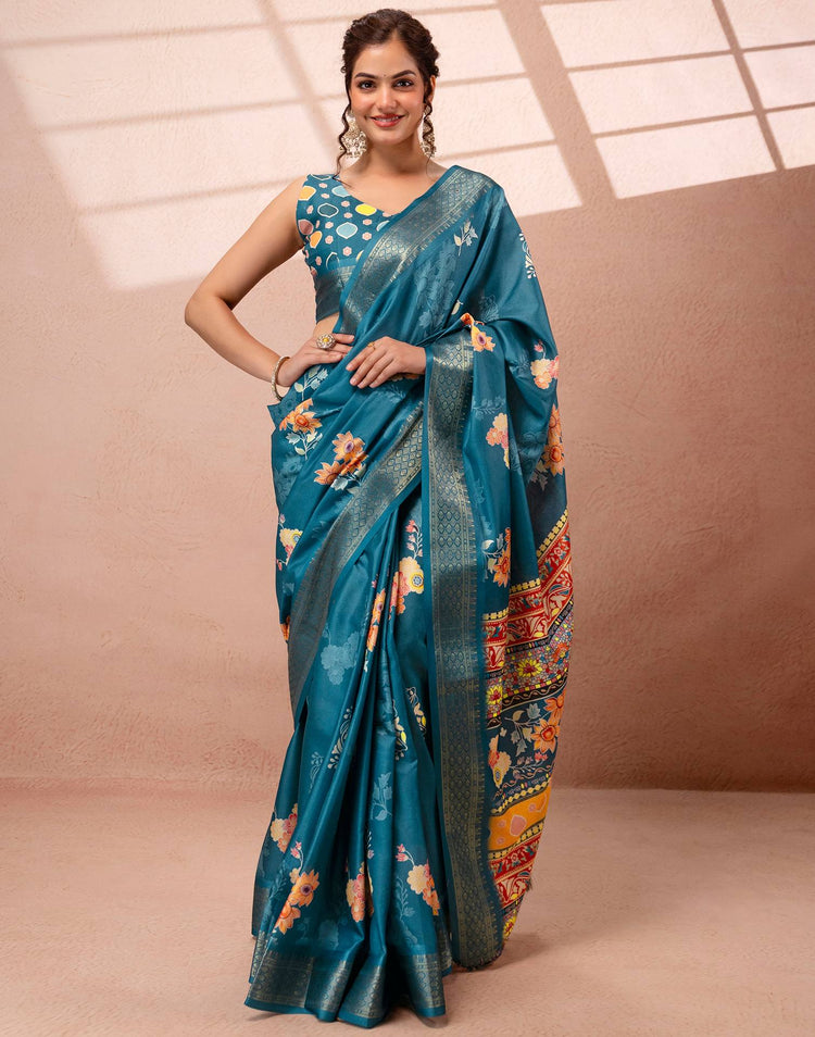Teal Blue Silk Floral Printed Woven Border Saree
