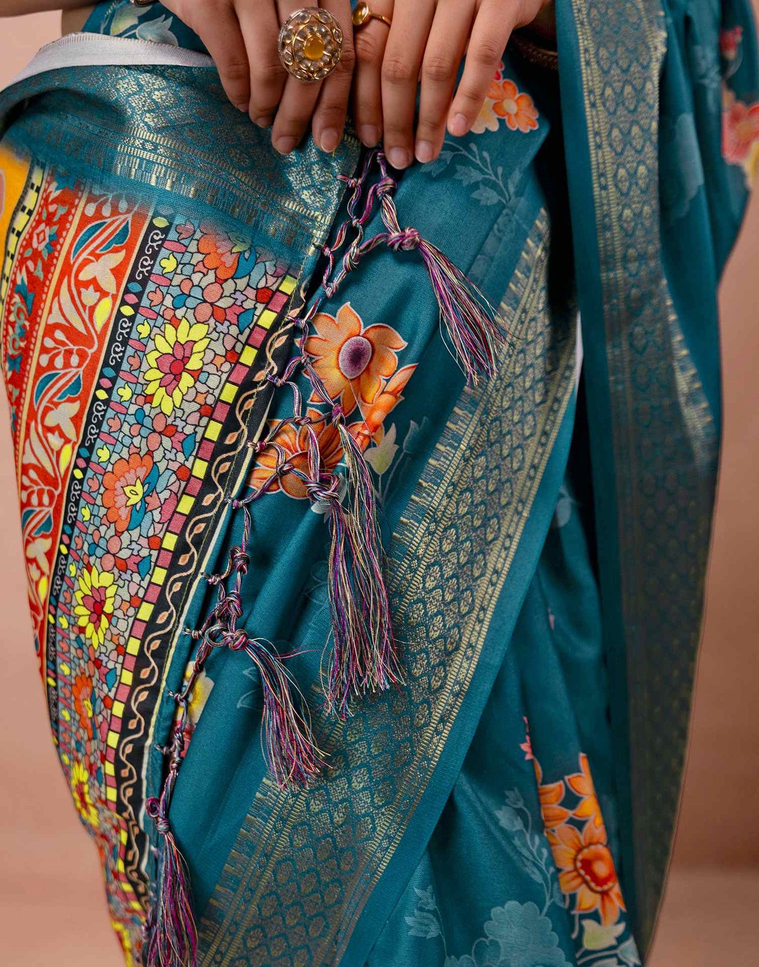 Teal Blue Silk Floral Printed Woven Border Saree