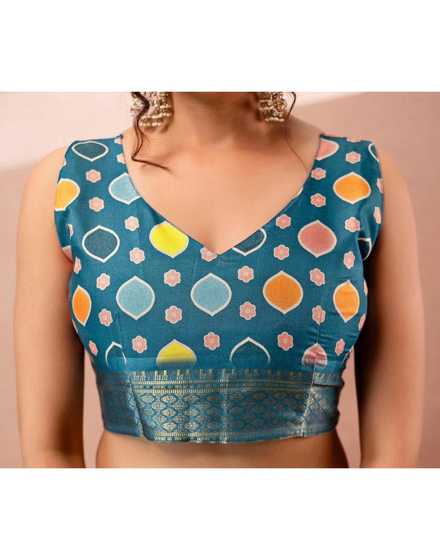 Teal Blue Silk Floral Printed Woven Border Saree