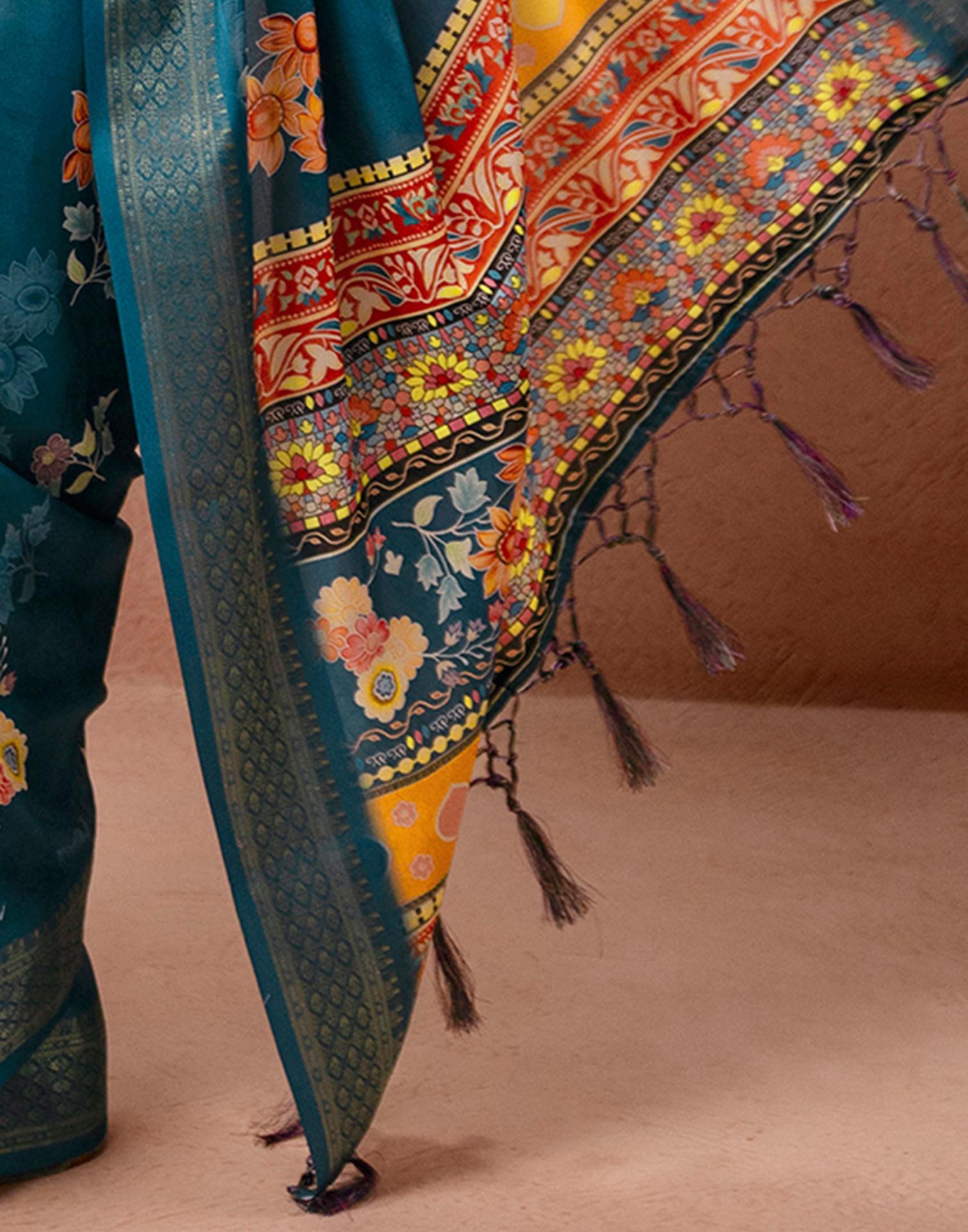 Teal Blue Silk Floral Printed Woven Border Saree