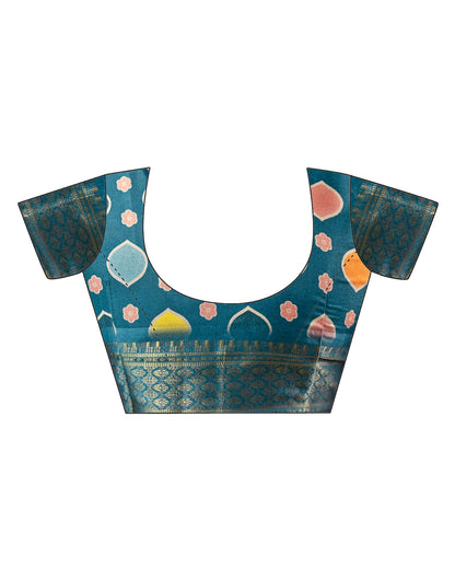 Teal Blue Silk Floral Printed Woven Border Saree