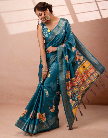 Teal Blue Silk Floral Printed Woven Border Saree
