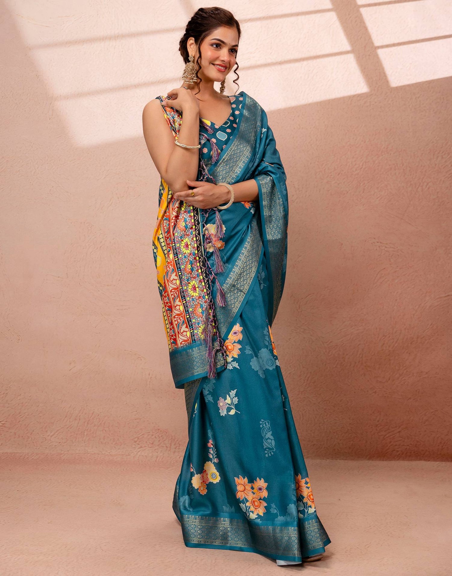 Teal Blue Silk Floral Printed Woven Border Saree