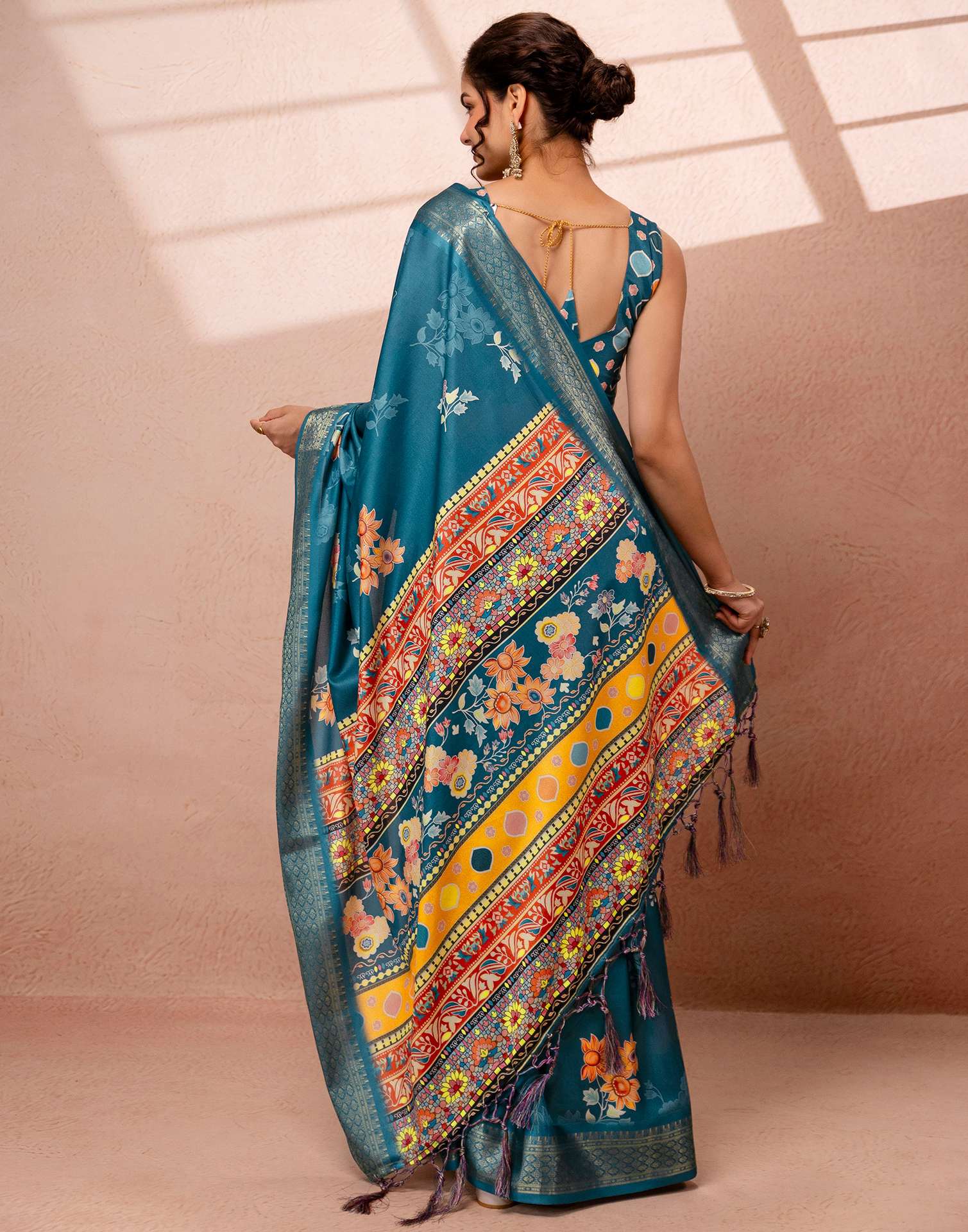 Teal Blue Silk Floral Printed Woven Border Saree