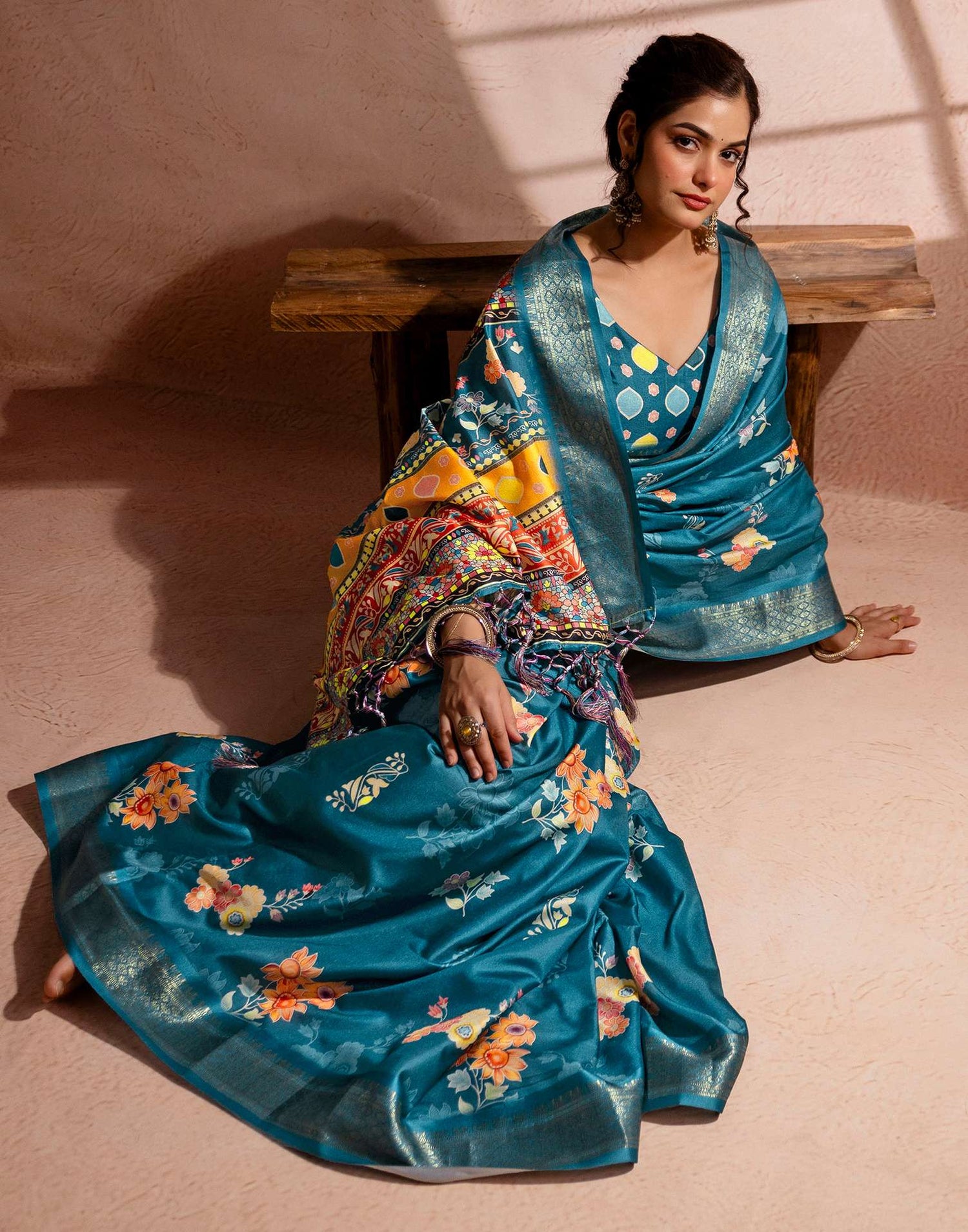 Teal Blue Silk Floral Printed Woven Border Saree