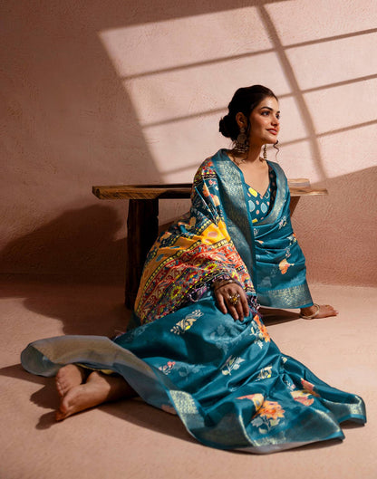 Teal Blue Silk Floral Printed Woven Border Saree