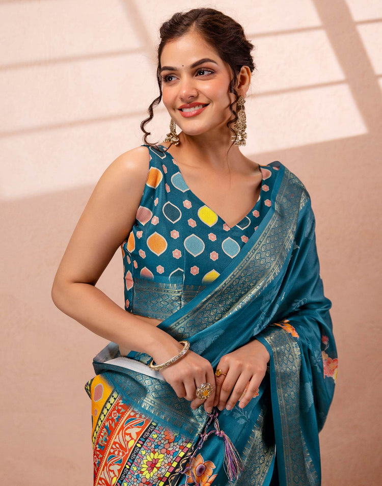 Teal Blue Silk Floral Printed Woven Border Saree