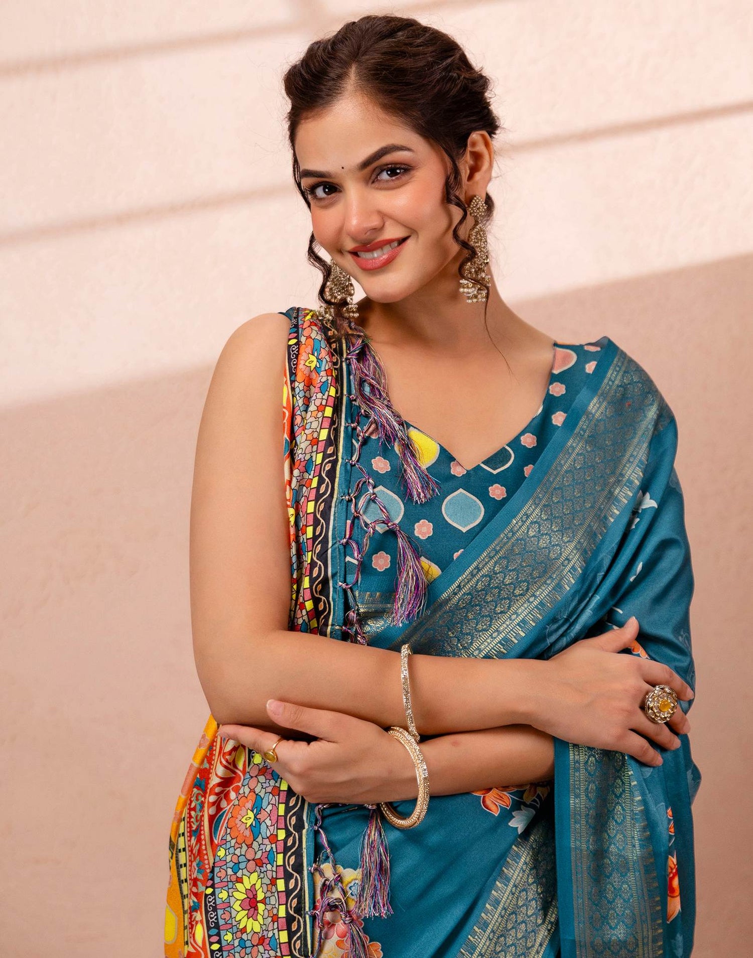 Teal Blue Silk Floral Printed Woven Border Saree