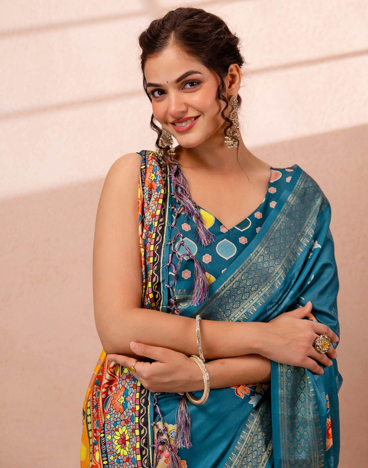 Teal Blue Silk Floral Printed Woven Border Saree
