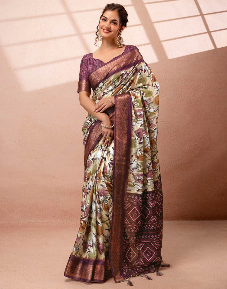 Dusty Beige Silk Printed Woven Border Saree