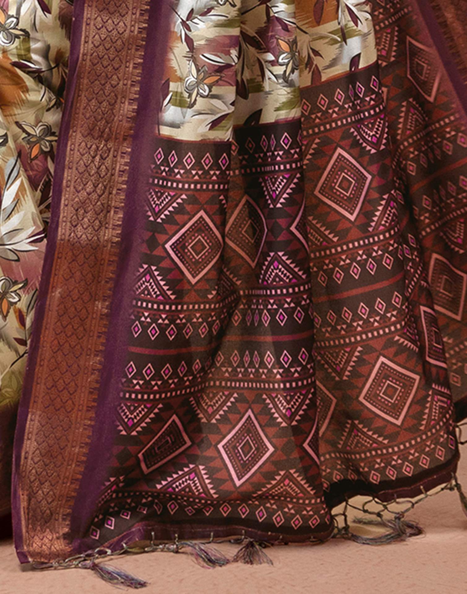 Dusty Beige Silk Printed Woven Border Saree