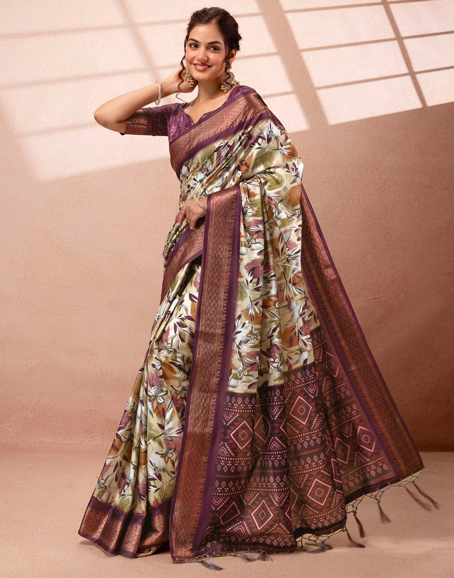 Dusty Beige Silk Printed Woven Border Saree