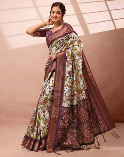 Dusty Beige Silk Printed Woven Border Saree