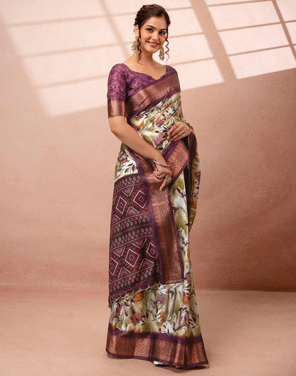 Dusty Beige Silk Printed Woven Border Saree