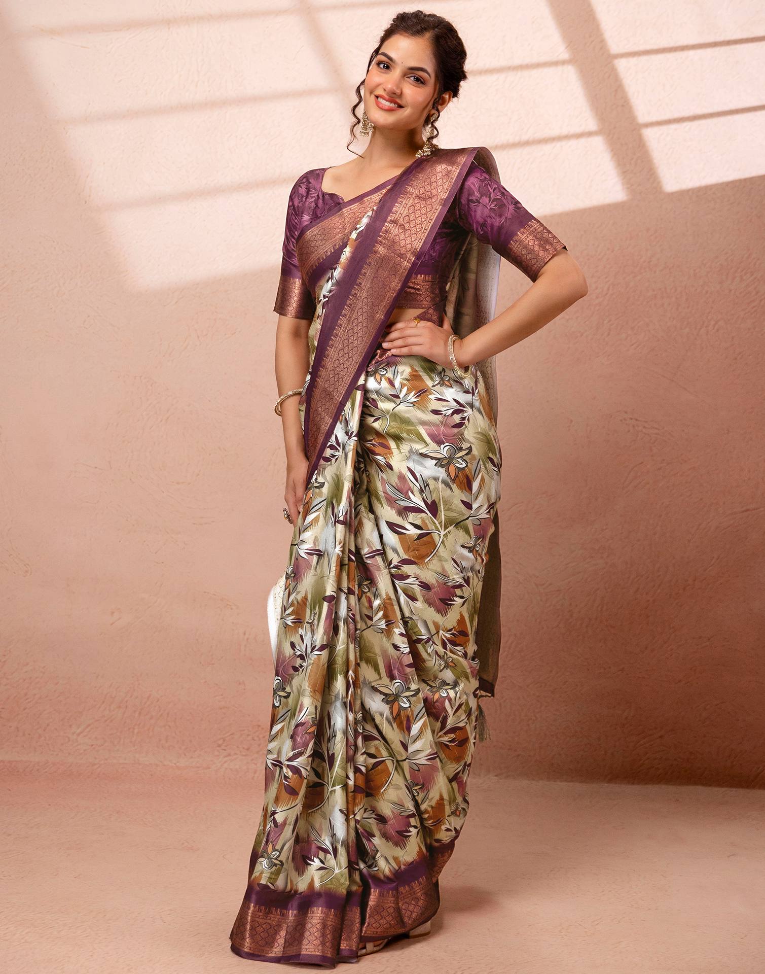 Dusty Beige Silk Printed Woven Border Saree