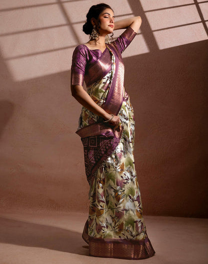 Dusty Beige Silk Printed Woven Border Saree