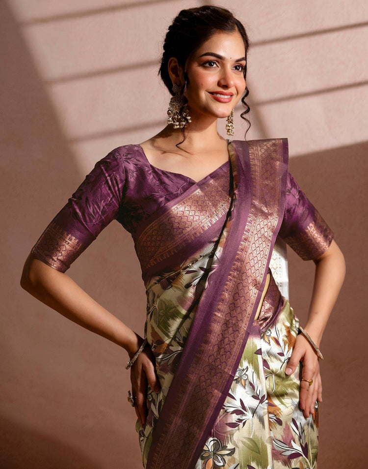 Dusty Beige Silk Printed Woven Border Saree