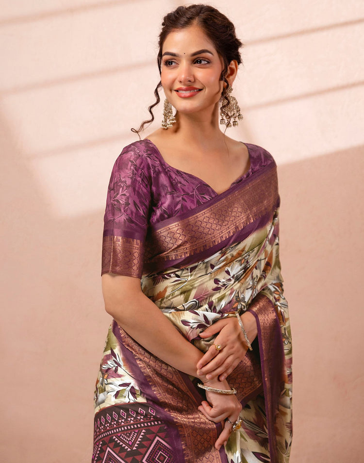 Dusty Beige Silk Printed Woven Border Saree