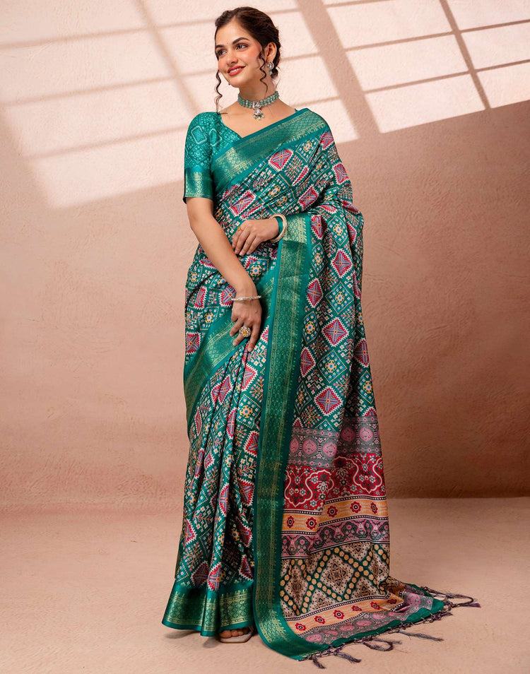 Teal Green Silk Printed Woven Border Saree