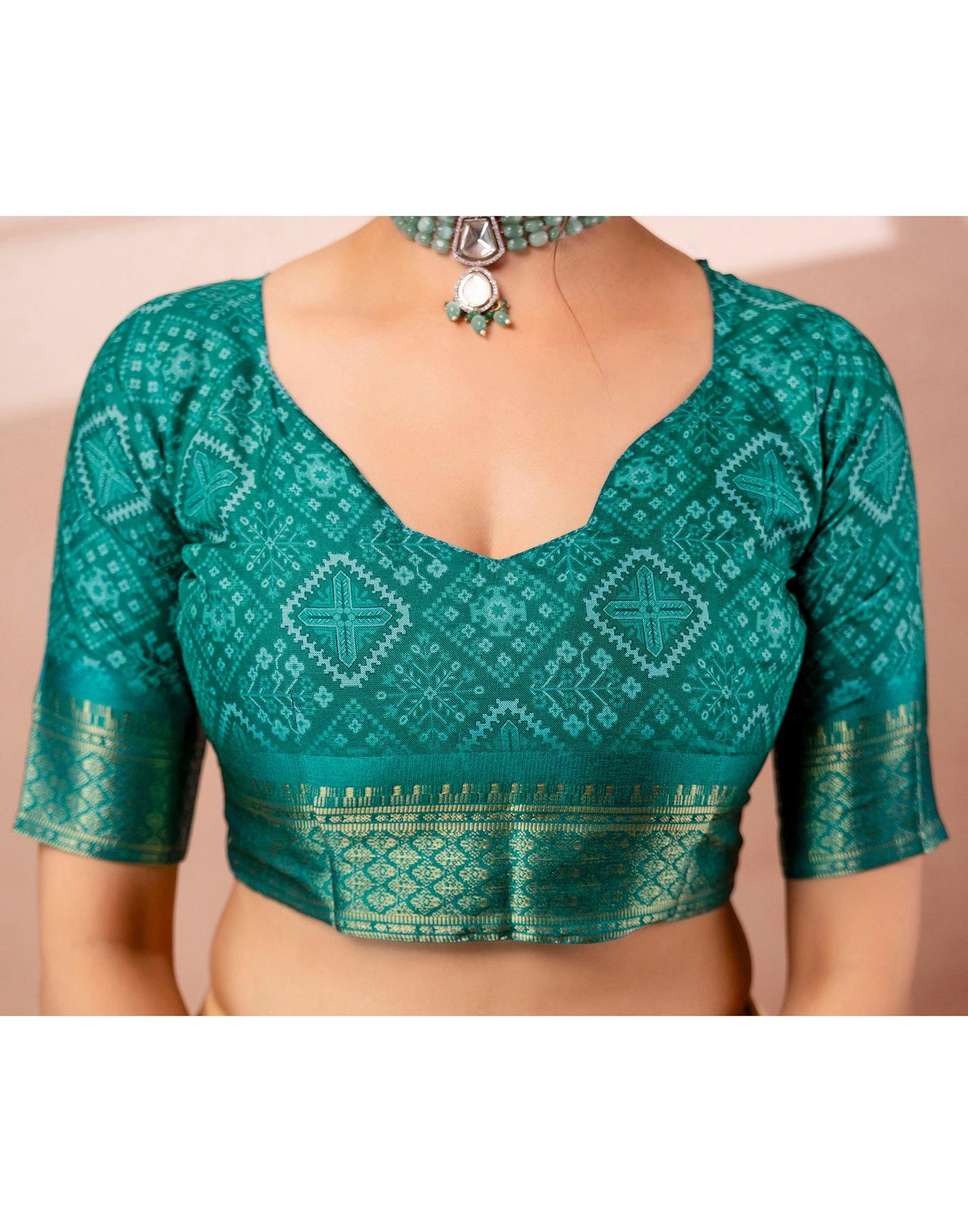 Teal Green Silk Printed Woven Border Saree
