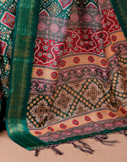 Teal Green Silk Printed Woven Border Saree