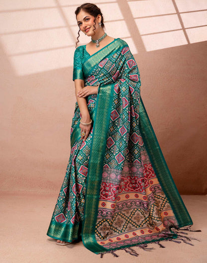 Teal Green Silk Printed Woven Border Saree