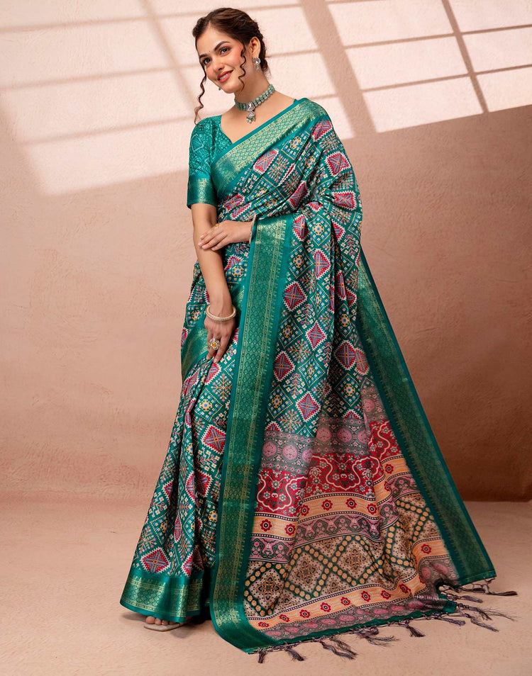Teal Green Silk Printed Woven Border Saree