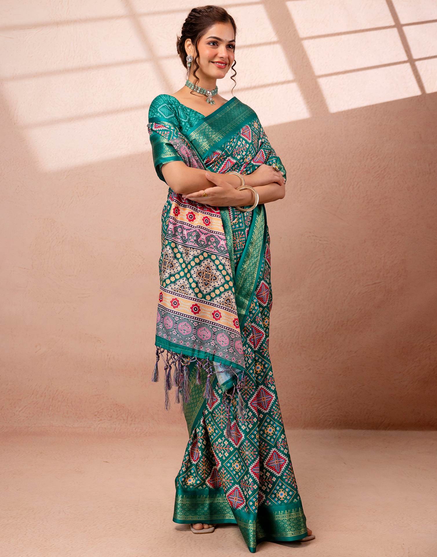 Teal Green Silk Printed Woven Border Saree