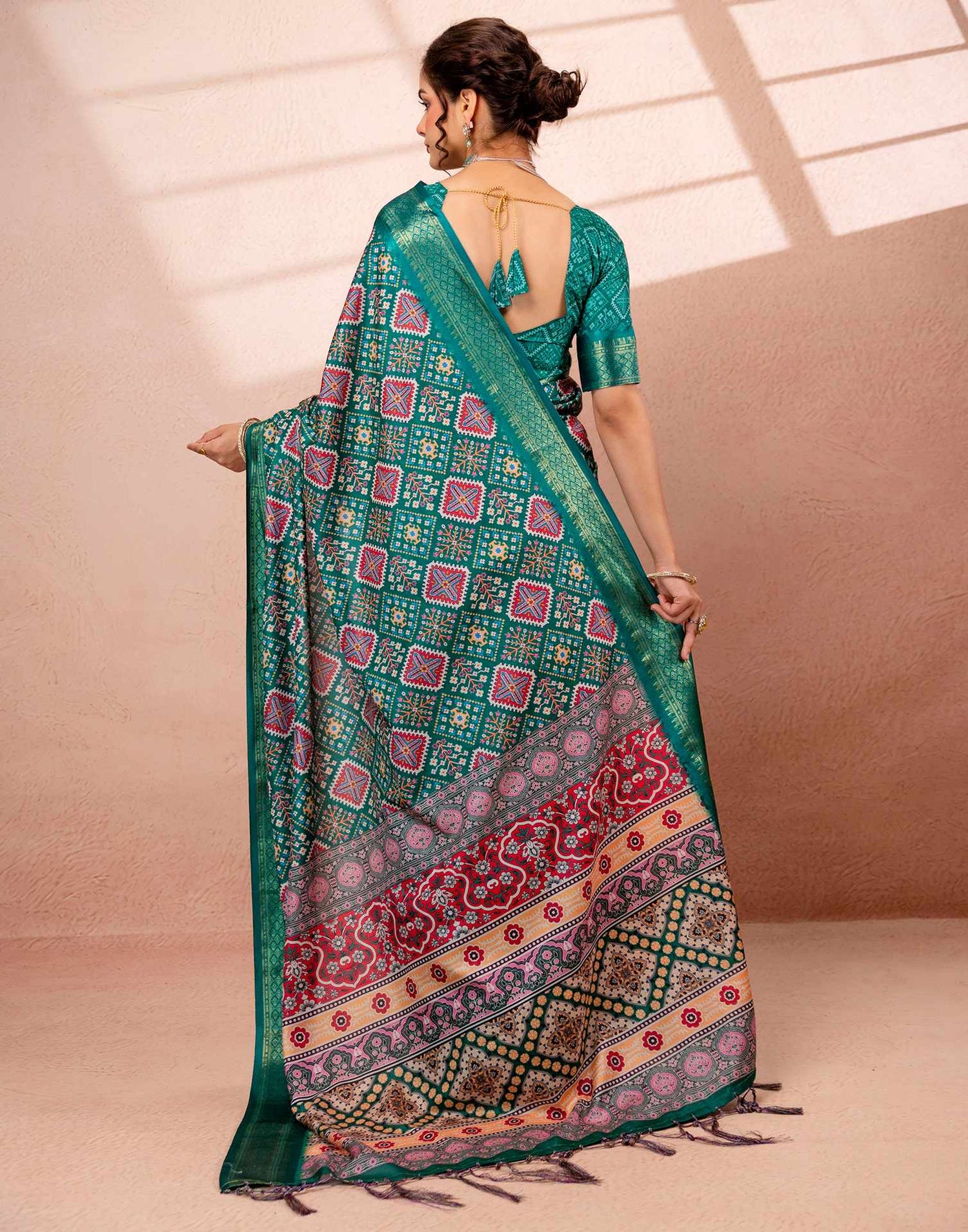 Teal Green Silk Printed Woven Border Saree