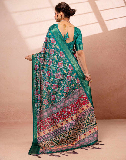 Teal Green Silk Printed Woven Border Saree