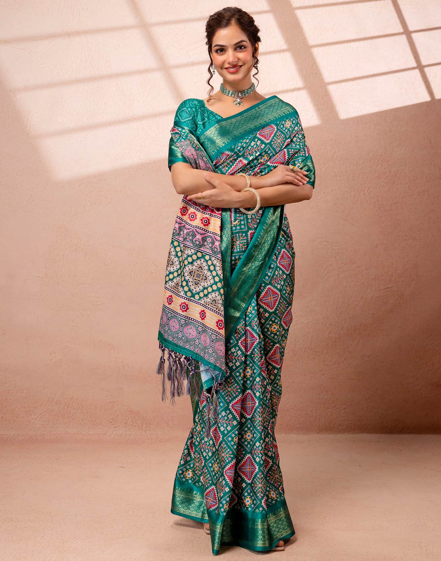 Teal Green Silk Printed Woven Border Saree