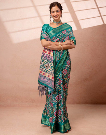 Teal Green Silk Printed Woven Border Saree